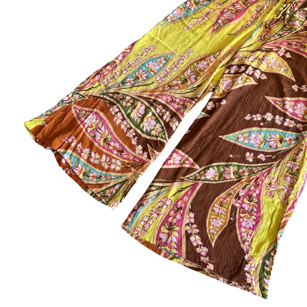 Haute Hippie Orange Yellow Floral Wide Leg Palazzo Print Crepe Pants Size Large - Picture 9 of 13
